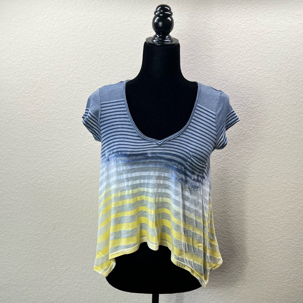 High Low Top Short Sleeve Stripes Shirt Y2K Tie Dye Crop Blue Yellow Baby Tee